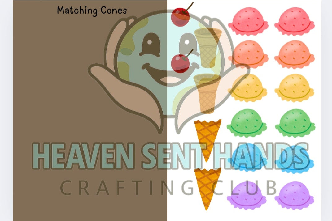 Colorful ice cream cone and matching cone shapes with 'Heaven Sent Hands Crafting Club' branding.
