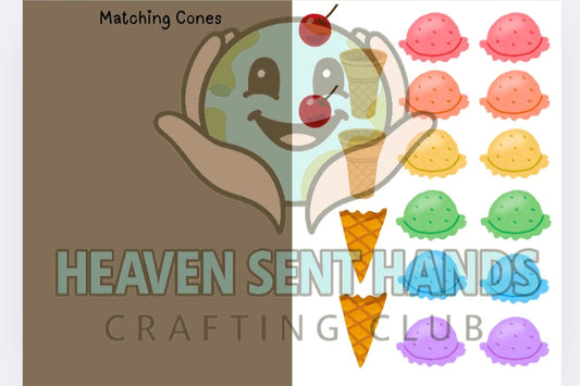 Colorful ice cream cone and matching cone shapes with 'Heaven Sent Hands Crafting Club' branding.